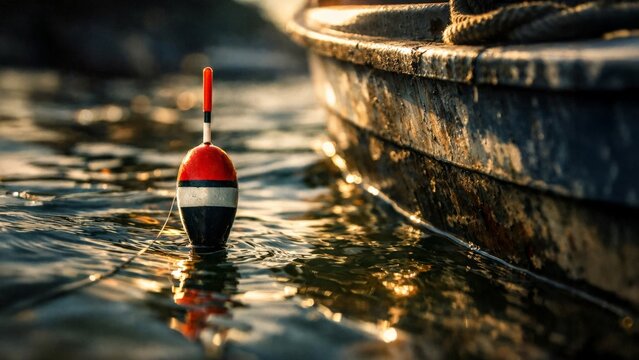 Fishing float bobber on calm water beside a boat at golden hour, angling leisure and outdoor recreation background.