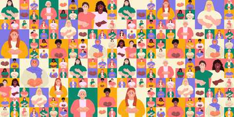 Fototapeta premium International Women's day geometric seamless pattern with diverse happy women with open palms. Give To Gain IWD 2026 concept hands giving gesture. Modern flat vector illustration background, banner