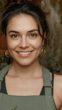 Vertical video: Camera zoom woman in apron smiling tilting holding copper can for portrait in shop