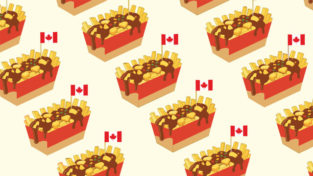 Seamless pattern with delicious Canadian poutine featuring french fries, cheese curds, and gravy served in boxes with small flags of Canada.