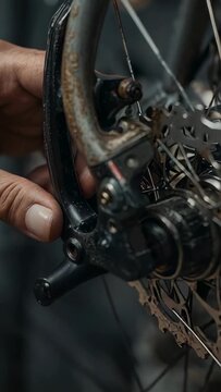 Vertical video: Approaching hands grasping and turning bicycle hub axle cap for repair in workshop