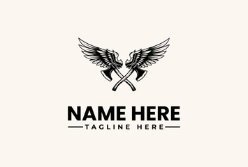 Fototapeta premium Black and white illustration of crossed wings forming a logo with a placeholder text 'NAME HERE' and 'TAGLINE HERE' on a clean background.