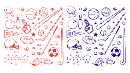 Illustration set featuring various sports equipment, balls, and dynamic elements for athletic and fitness-themed designs.