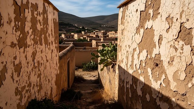 Narrow alleyway between weathered mud brick walls looking over desert village settlement under blue sky