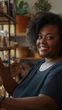 Vertical video: Reaching, woman shopkeeper arranging bowls on metal shelf at shop, checking labels
