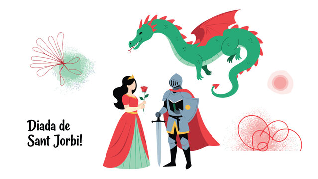Traditional Diada de Sant Jordi celebration with a knight, a princess holding a rose, and a green dragon for the Catalan holiday.
