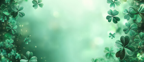 Clover leaf green background luck nature festive frame with floating shamrock leaf border and soft bokeh light glow creating magical irish spring holiday mood for greeting card design