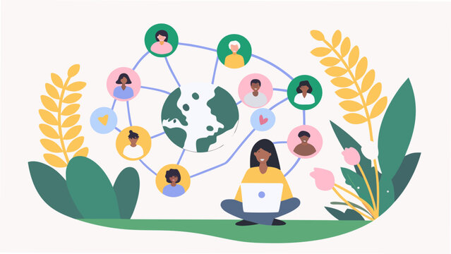 Global connections and diverse individuals collaborating through technology and nature