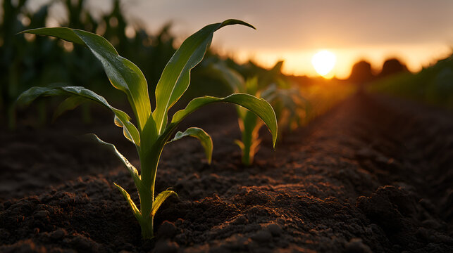 Baby Corn Plants Illuminated by Warm Sunset Glow in Row Crop Field | Maize Seedlings Growing in Perfectly Tilled Soil at Dawn | Agricultural Landscape Featuring Young Corn Stalks Against Golden Sky