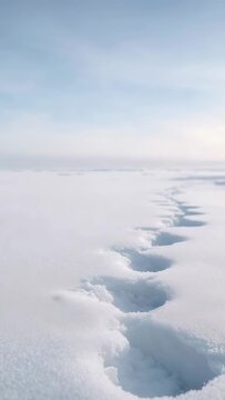 Vertical video: Panning camera documenting boot prints receding to horizon on snow, with crystals