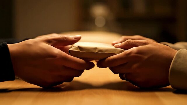 Closeup of hands exchanging a small package possibly containing drugs or money in a dimly lit setting highlighting illicit transaction and secrecy.