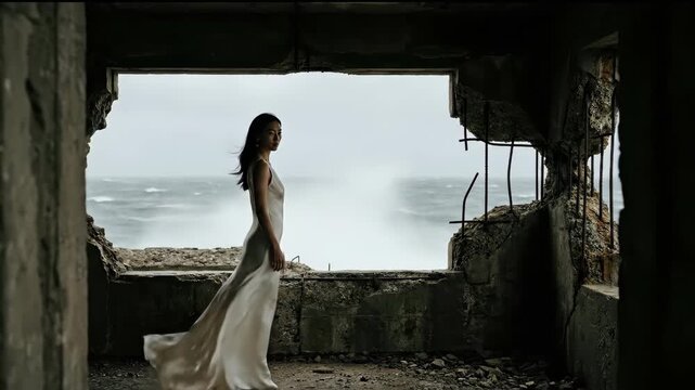 Beautiful woman in white dress posing in abandoned building by rough sea, adventure wedding concept footage