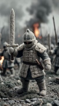 Miniature Warrior Figure in Battle Scene with Sword and Armor Amidst Smoke and Fire.