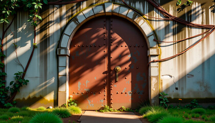 Rusted door of abandoned bunker entrance with overgrown grass, overgrown grassand mystery