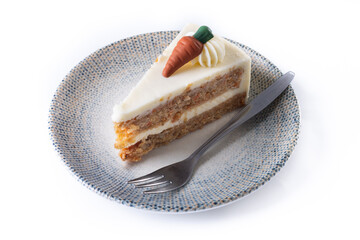 Carrot cake slice with cream cheese frosting isolated on white background