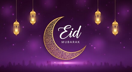 Eid mubarak wishes a festive islamic celebration of eid al fitr and eid al adha with crescent moon and lanterns