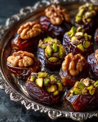 Macro photography of premium dates filled with walnuts and pistachios on a silver platter. 