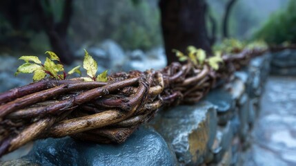Rustic wooden fence with green leaves on stone wall in natural setting