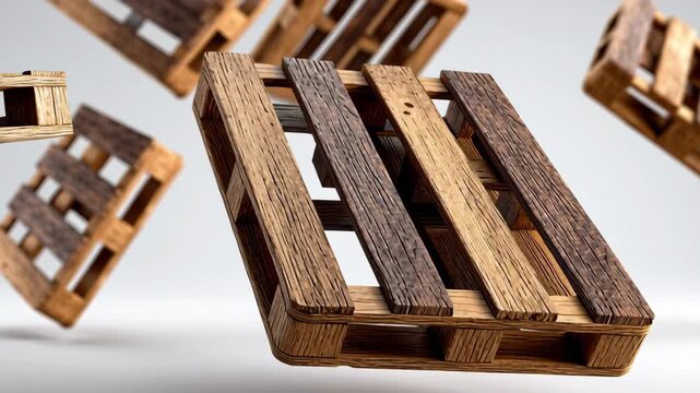 Floating wooden pallets in various orientations and angles, showcasing their structure and design against a soft gradient background, emphasizing their versatility and utility in storage solutions