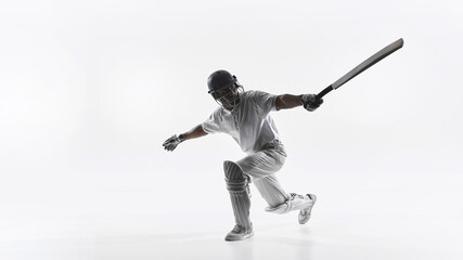 Professional cricket batsman powerful attacking shot isolated on white background. Concept of cricket training materials, sports advertising, athlete performance promotion and coaching content © master1305
