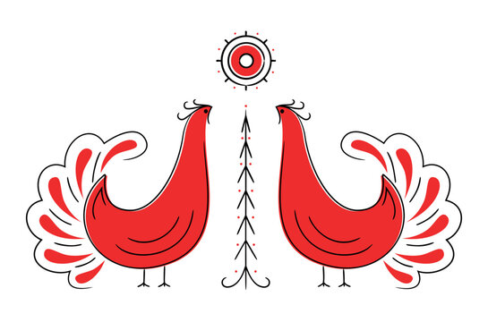 Slavic folk pattern. Mezen painting, two roosters and sun, black and red colors. Vector illustrationisolated on white background