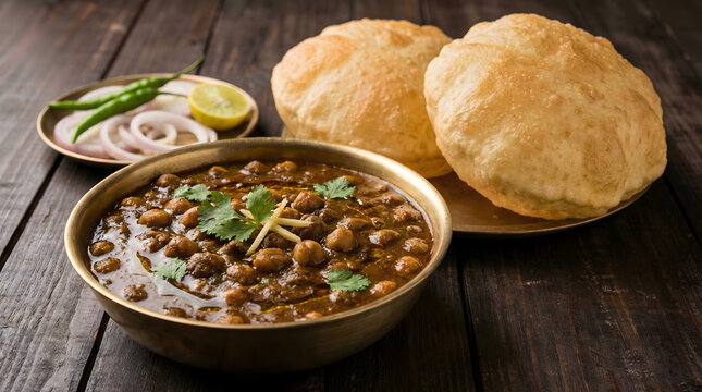 Delicious Indian street food cholle bhature with fresh herbs