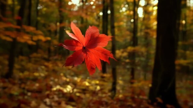 Close-up of a single red leaf falling slowly from a branch, spiraling through the air, blurred forest background with golden sunlight, slow motion.