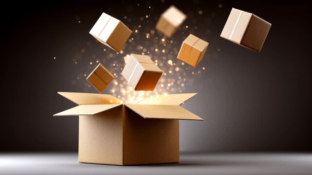 Floating cardboard boxes emerge from an open package, creating a dynamic visual effect with sparks and light against a dark background, illustrating the concept of delivery and unboxing