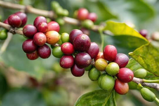 Maturing coffee cherries on a tree