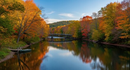 Obraz premium Autumnal Reflections - Serene River Scene with Vibrant Foliage.