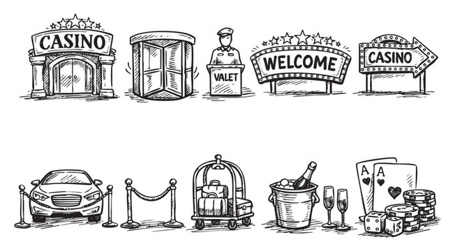 A hand-drawn illustration features casino related icons including signs, entrance, valet, car, luggage and champagne bucket on a white background.