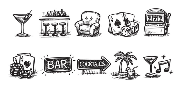 Set of vector hand drawn icons featuring bar, cocktails, gambling, and beach themes in a doodle style for creative projects and design assets.