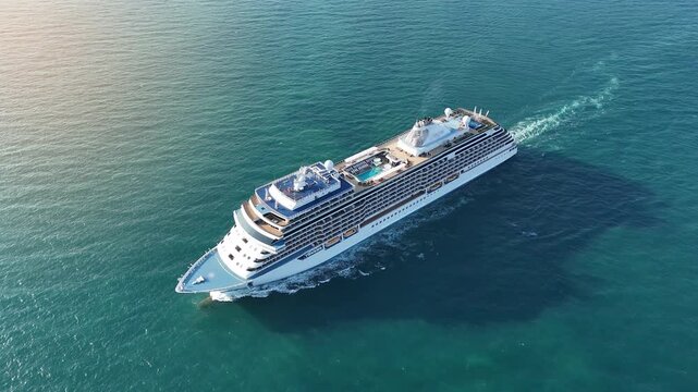 Aerial view of beautiful white cruise ship above luxury cruise in the ocean sea at early in the morning time concept smart tourism travel on holiday vacation time on summer,