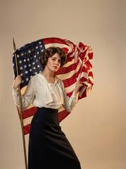 Patriotic young woman posing with US flag in retro style. Classic 1940s fashion and historical aesthetic.