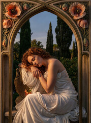 Artistic portrait of a sleeping redhead framed by an ornate stone arch with floral motifs.