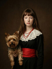 Artistic studio portrait of a girl with long hair holding a pet Yorkie, painterly style.