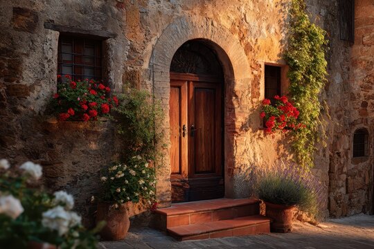 Warm-toned entryway to a traditional Tuscan home, terracotta tiles and vibrant blooms