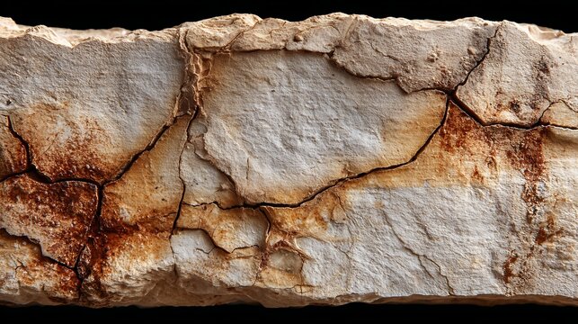 Macro texture of ancient bone fossil, cracked surface, beige and brown hues