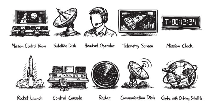 Hand-drawn elements showing space exploration including a rocket launch, control console, satellite dish, radar, telemetry screen and a mission clock, perfect for educational illustrations.