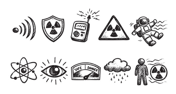Hand-drawn collection of doodle hazard symbols and icons on white background, including radiation, wifi, rain, and eye, suitable for safety and science illustrations.