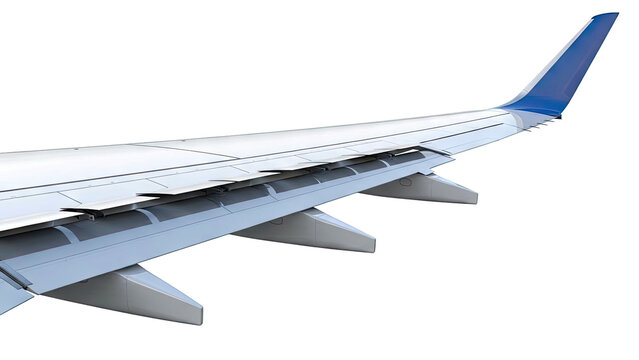 Airplane wing with deployed flaps and blue-tipped winglet