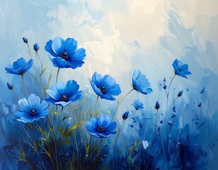 Blue Poppies in a Dreamy Landscape Painting.