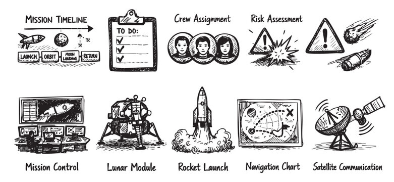 Black and white hand-drawn illustration depicting space exploration icons, including rocket launch, mission control, lunar module, and other space elements.