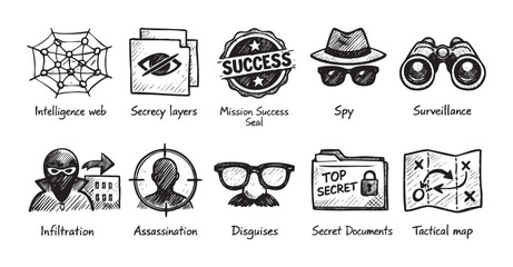 Hand drawn espionage icons symbolize secret missions, including spies, assassination, and infiltration, on a clean white backdrop, perfect for crime or thriller themes.