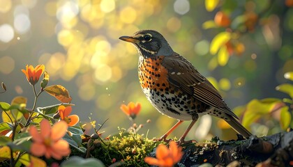 American Robin perched among vibrant flowers in spring.