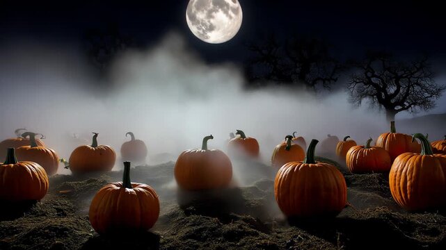 Slow motion of thick white fog rolling over a dark pumpkin patch under a full moon, cinematic lighting, eerie and beautiful.