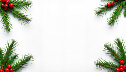 Green pine branches with red berries on white background. Ideal for holiday decorations, winter celebrations, or Christmas-themed events. Useful for greeting cards and seasonal marketing.