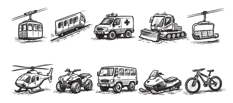 Hand-drawn sketch of various vehicles suitable for winter and mountain environments including cable car, snowmobile, ambulance, snowcat, ATV, helicopter, and bicycle against white background.