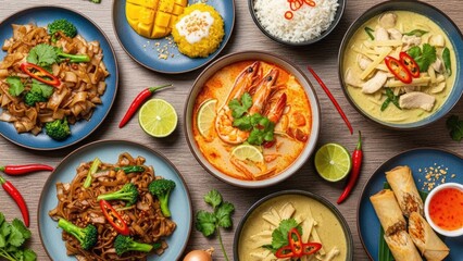 Delicious Thai dishes spread on wooden table