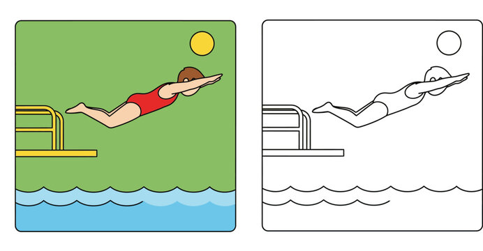 Vector coloring book page of a swimmer diving into a pool with colored example and outline version for kids activity and educational worksheet